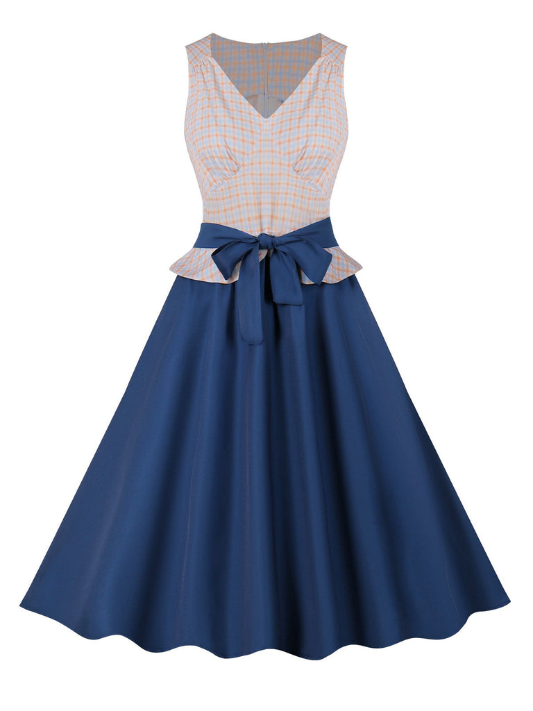 Dunkelblau 1950er V-Ausschnitt Plaid Patchwork Kleid