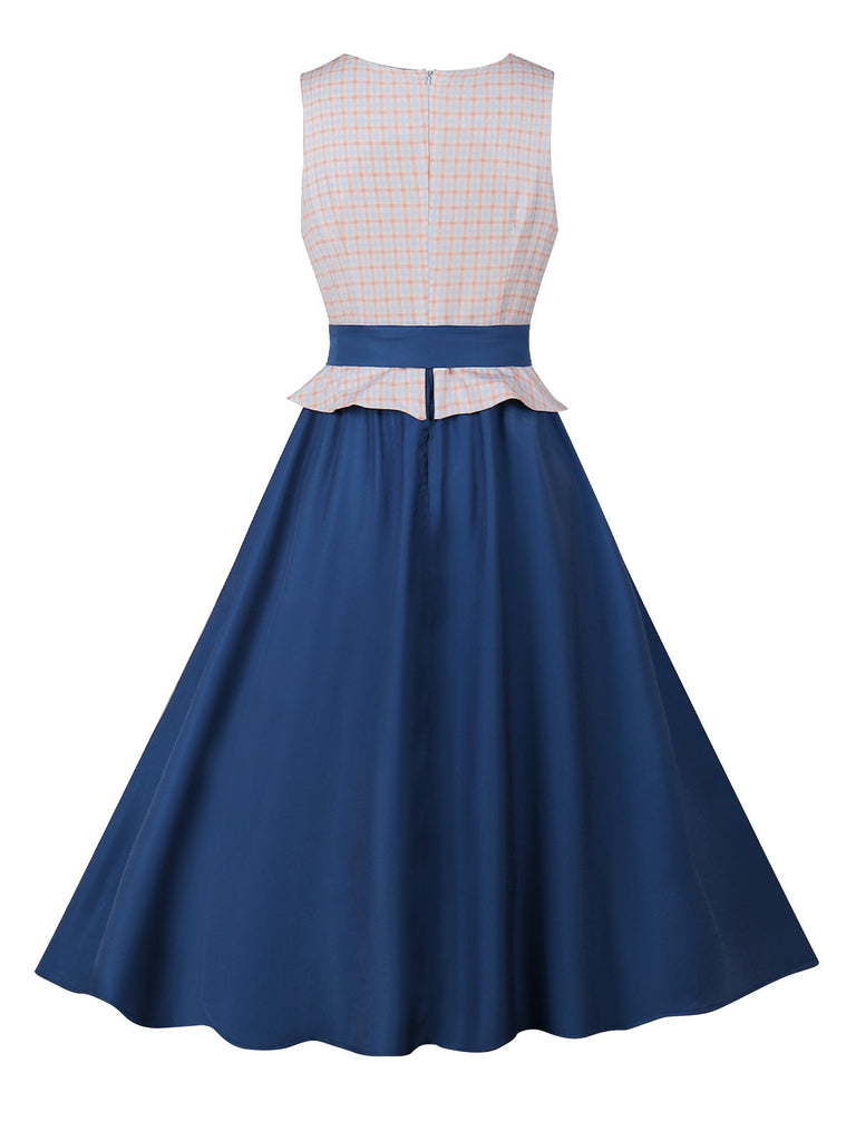 Dunkelblau 1950er V-Ausschnitt Plaid Patchwork Kleid