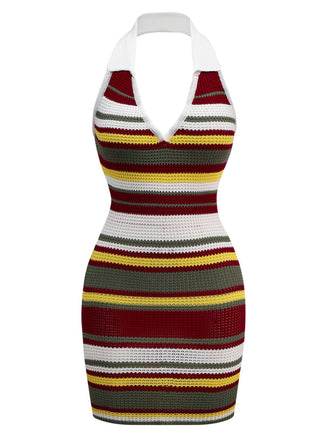 Grün 1960er V-Ausschnitt Revers Streifen Stricken Kleid