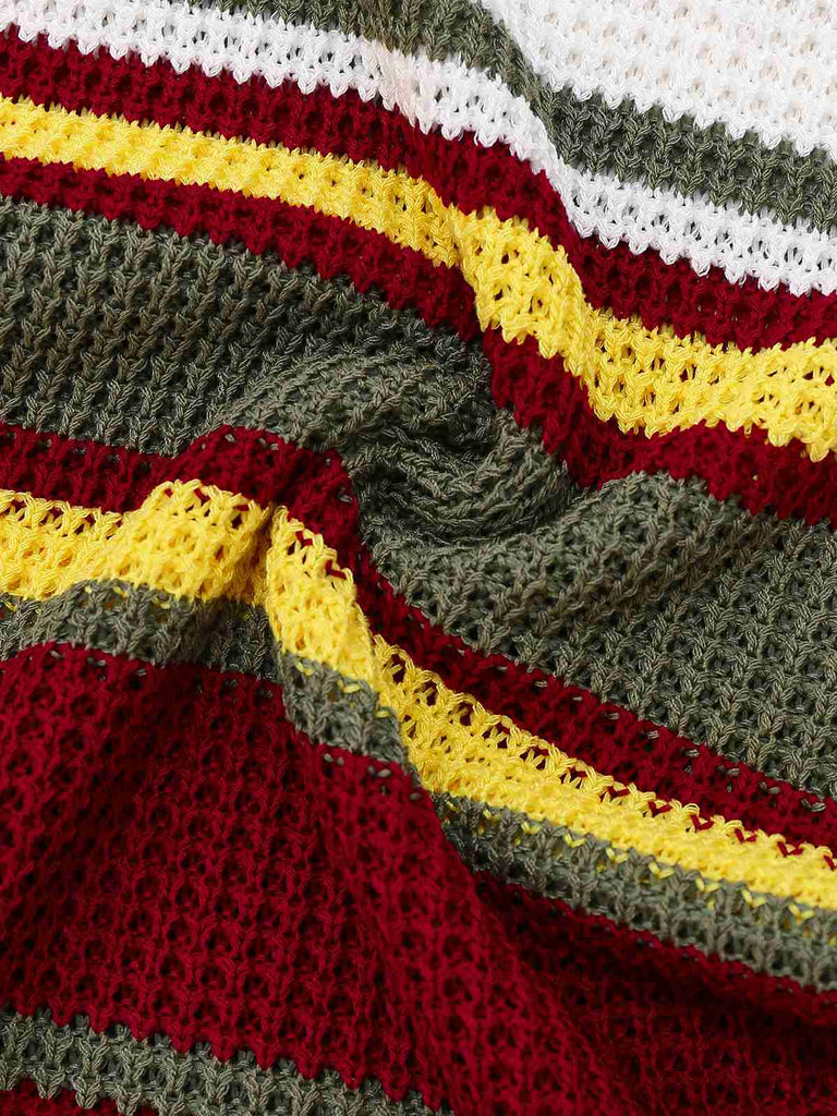 Grün 1960er V-Ausschnitt Revers Streifen Stricken Kleid