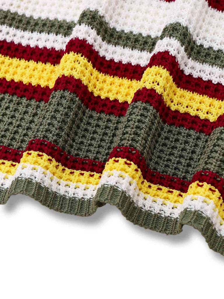 Grün 1960er V-Ausschnitt Revers Streifen Stricken Kleid