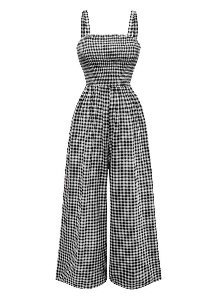 1950er Gingham Plaid Gesmokt Spaghettiträger Jumpsuit