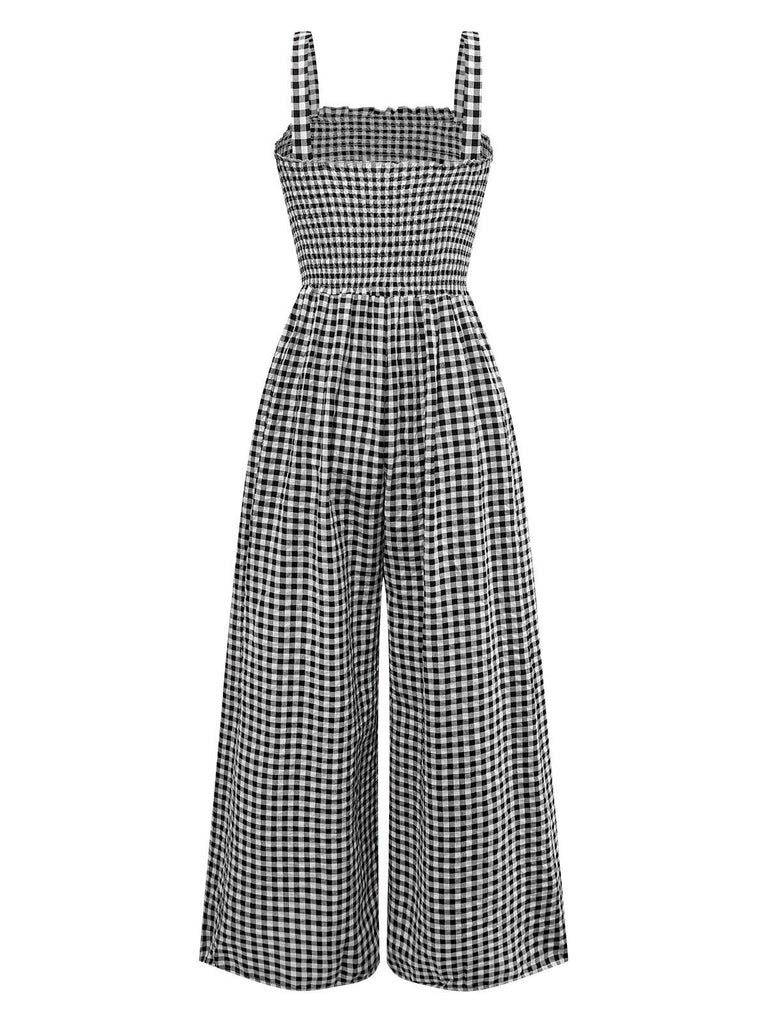 1950er Gingham Plaid Gesmokt Spaghettiträger Jumpsuit