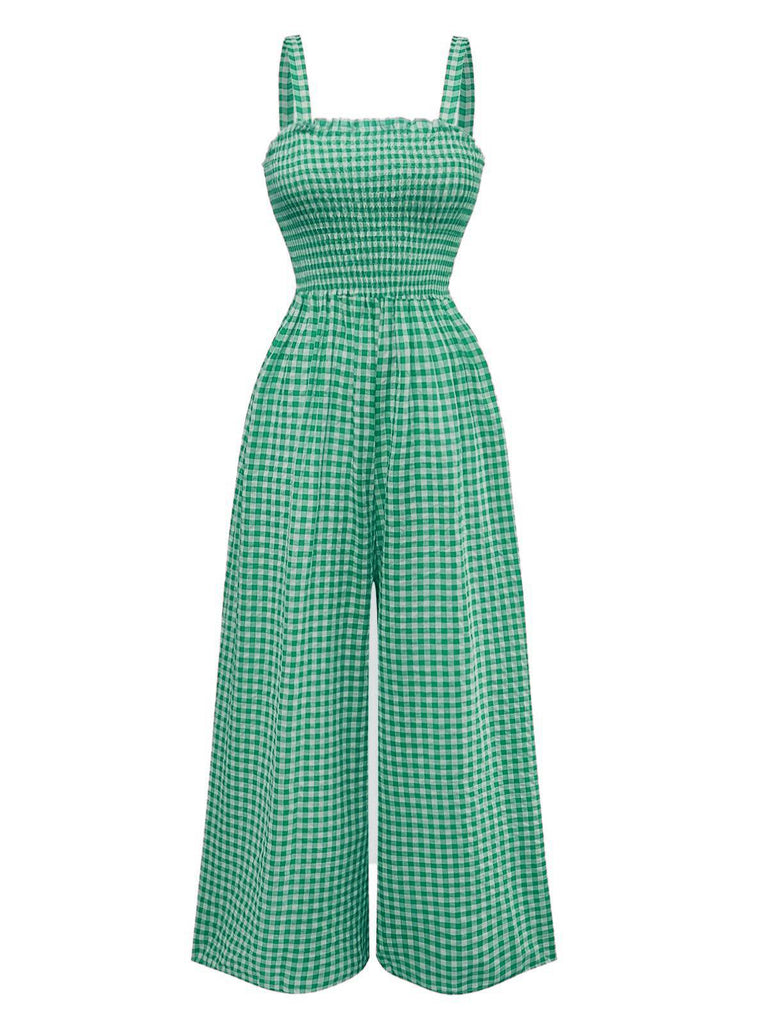 1950er Gingham Plaid Gesmokt Spaghettiträger Jumpsuit