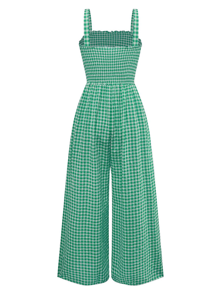 1950er Gingham Plaid Gesmokt Spaghettiträger Jumpsuit