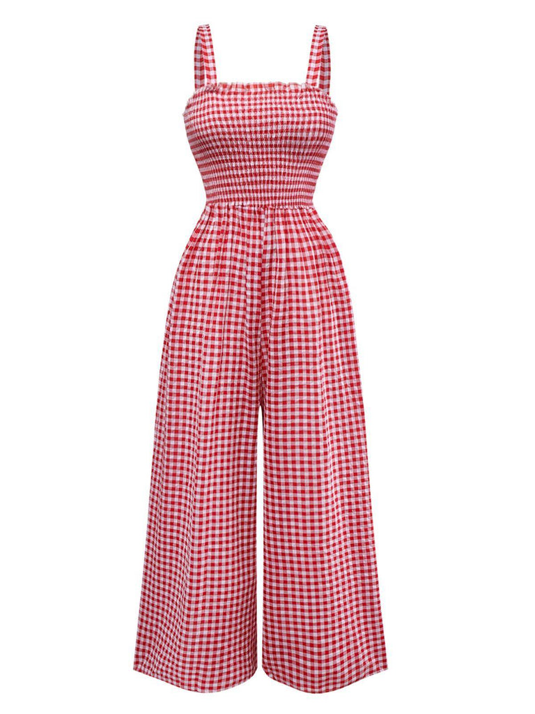 1950er Gingham Plaid Gesmokt Spaghettiträger Jumpsuit