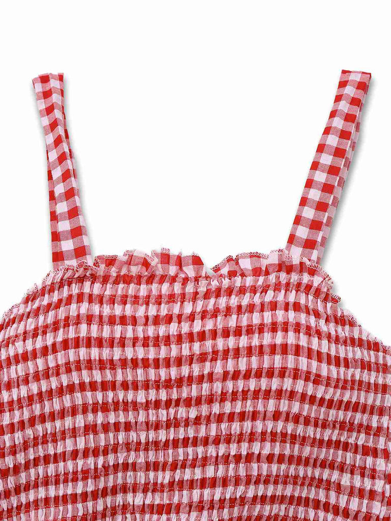 1950er Gingham Plaid Gesmokt Spaghettiträger Jumpsuit