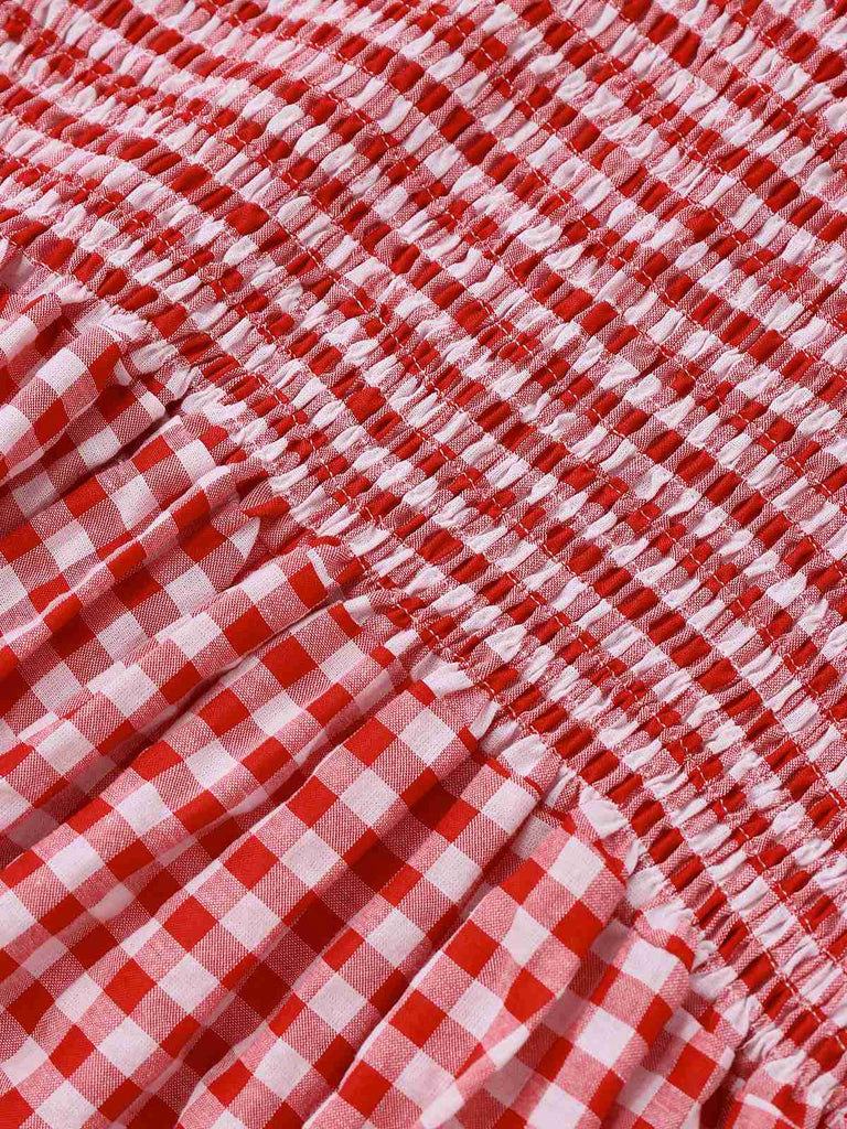 1950er Gingham Plaid Gesmokt Spaghettiträger Jumpsuit