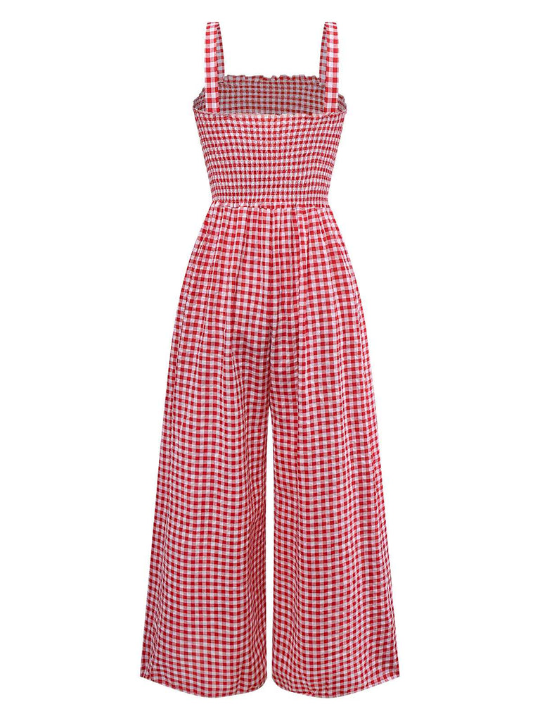 1950er Gingham Plaid Gesmokt Spaghettiträger Jumpsuit