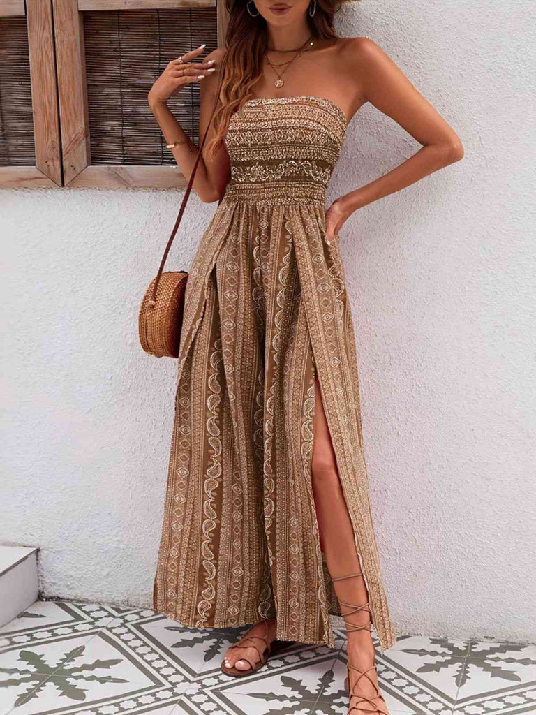 1970er Bohemien Trägerlos Schlitz Gesmokt Jumpsuit