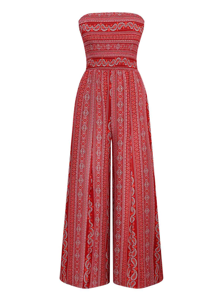 1970er Bohemien Trägerlos Schlitz Gesmokt Jumpsuit