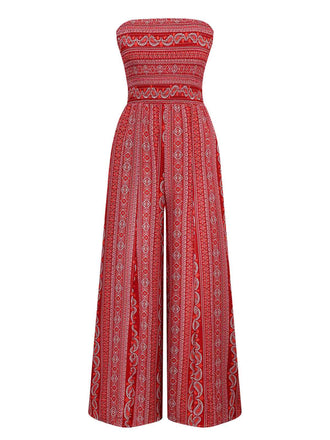 1970er Bohemien Trägerlos Schlitz Gesmokt Jumpsuit