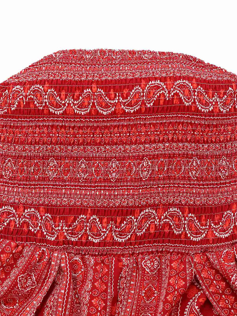 1970er Bohemien Trägerlos Schlitz Gesmokt Jumpsuit