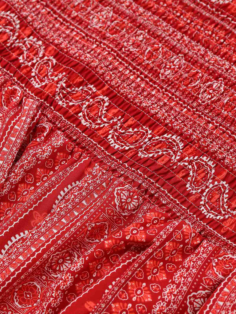 1970er Bohemien Trägerlos Schlitz Gesmokt Jumpsuit