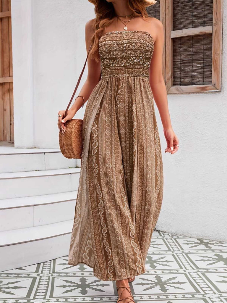 1970er Bohemien Trägerlos Schlitz Gesmokt Jumpsuit