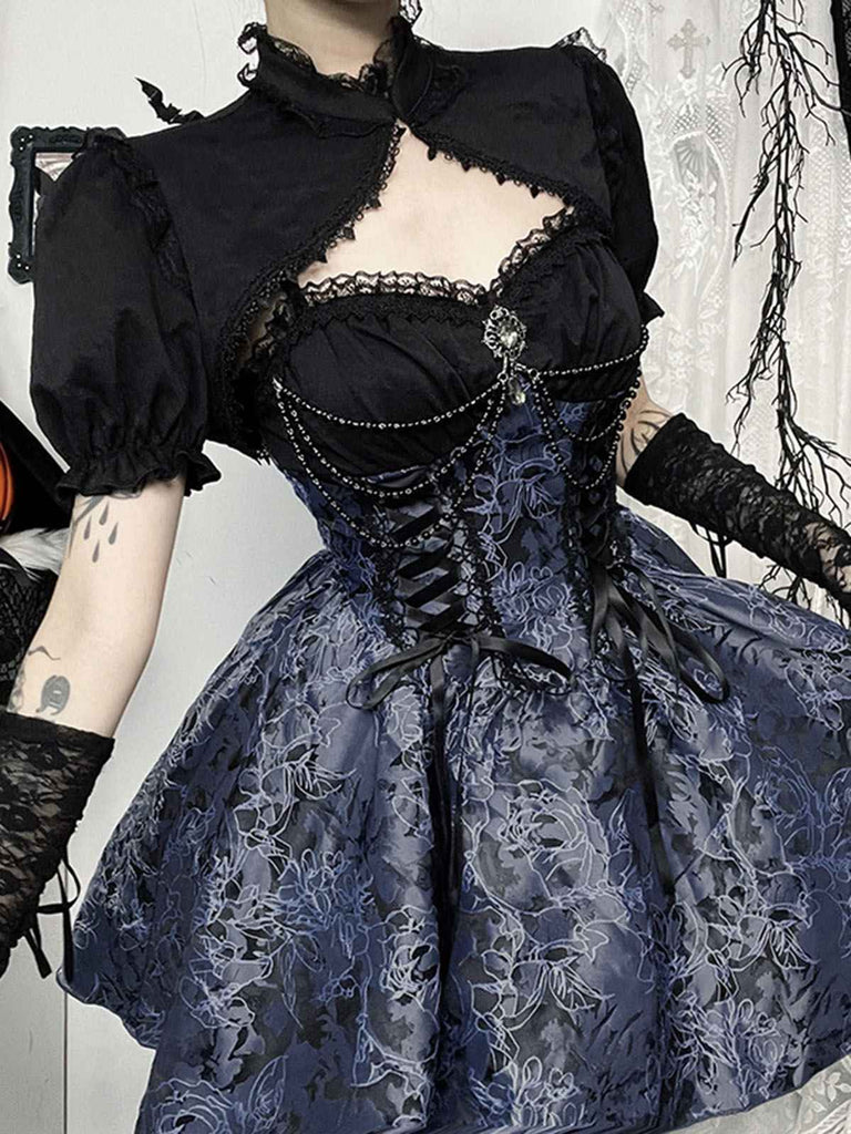 Blau 1980er Gotik Steampunk Blumen Drucken Spitze Patchwork Blase Kleid