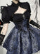 Blau 1980er Gotik Steampunk Blumen Drucken Spitze Patchwork Blase Kleid