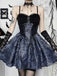 Blau 1980er Gotik Steampunk Blumen Drucken Spitze Patchwork Blase Kleid