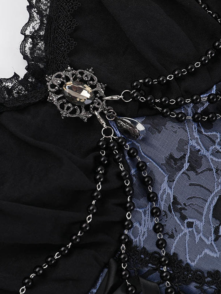 Blau 1980er Gotik Steampunk Blumen Drucken Spitze Patchwork Blase Kleid