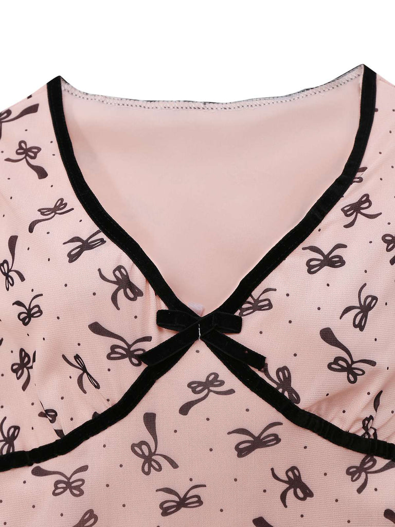 Rosa 1960er Bogen Drucken V-Ausschnitt Netz Kleid