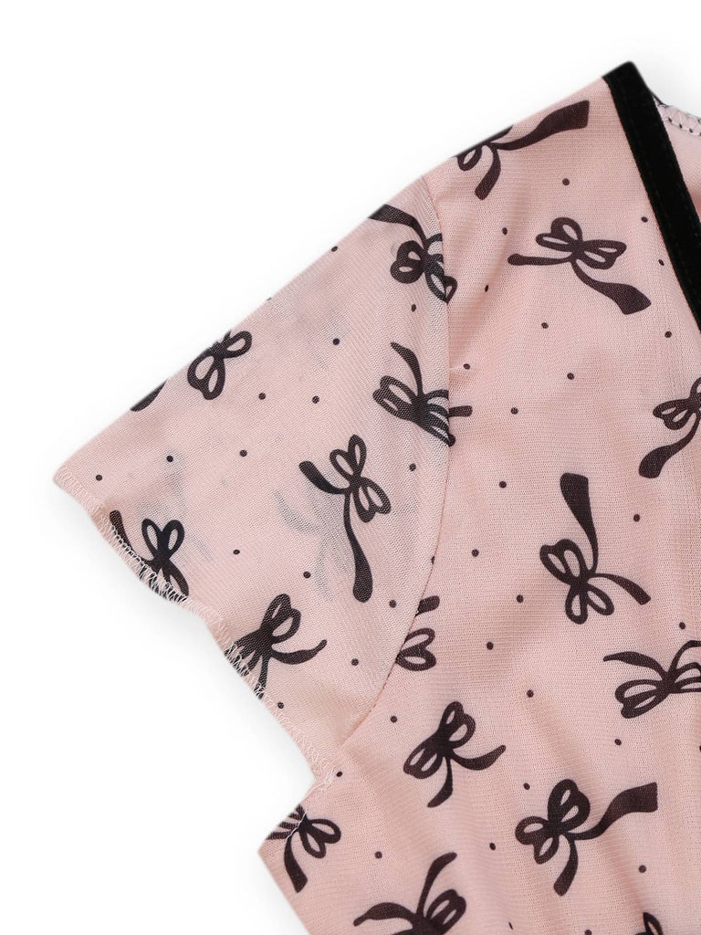 Rosa 1960er Bogen Drucken V-Ausschnitt Netz Kleid