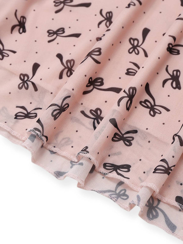 Rosa 1960er Bogen Drucken V-Ausschnitt Netz Kleid