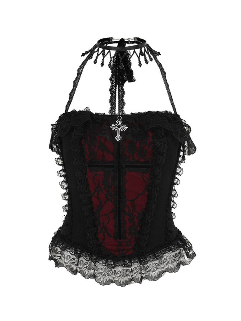 2PCS Schwarz 1980er Gothic Steampunk Halter Kreuz Camisole & Mini Rock
