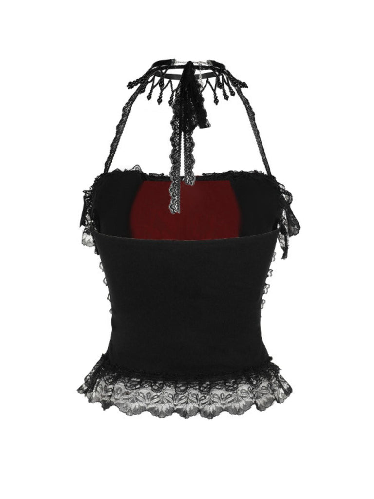 Schwarz 1980er Gothic Steampunk Halter Spitze Kreuz Camisole & Choker