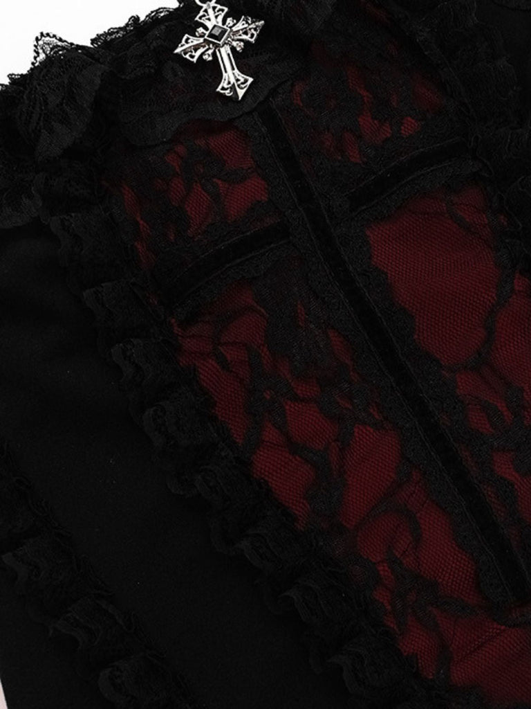 Schwarz 1980er Gothic Steampunk Halter Spitze Kreuz Camisole & Choker