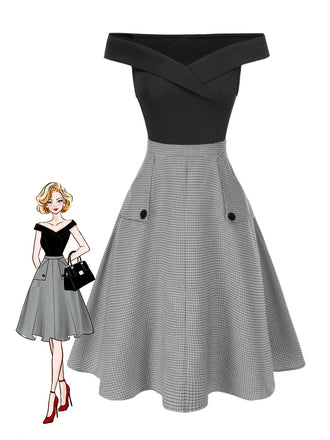 2PCS 1950er Schulterfrei Top & Tasten Plaids Rock