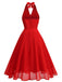1950er Solide Halter V-Ausschnitt Netz Rückenfrei Kleid