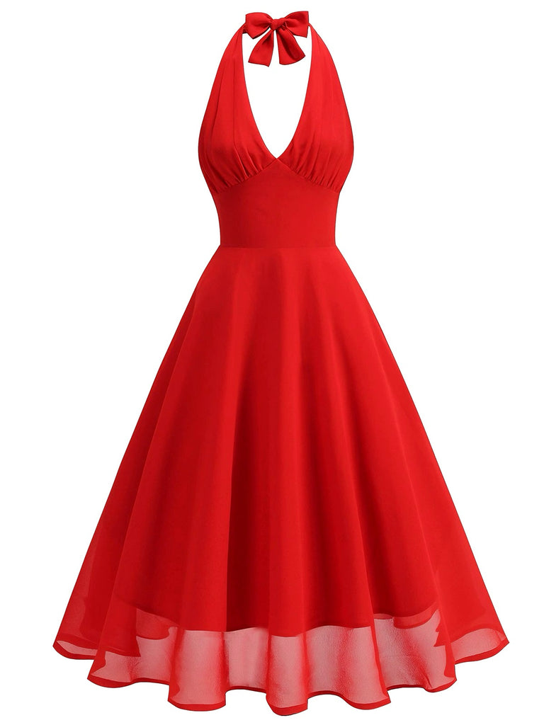 1950er Solide Halter V-Ausschnitt Netz Rückenfrei Kleid