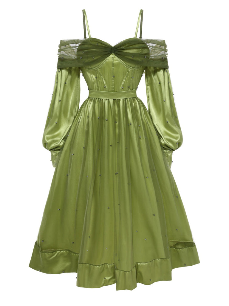 Chartreuse 1950er Perle Netz Patchwork Satin Kleid
