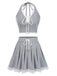 2PCS Hellgrau 1950er Spitze Halfter Top & Plissiertes Rock