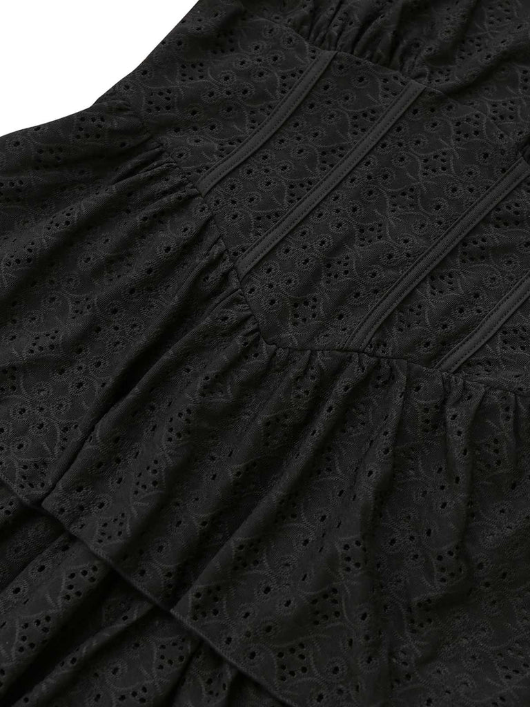 Schwarz 1950er Solide Puffärmel Korsett Hohl Stricken Kleid