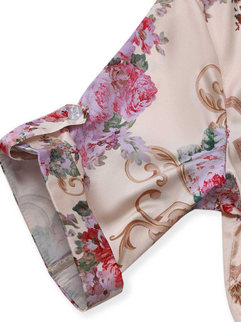 Grün 1930er Symmetrisch Blumen Hemdkragen Jumpsuit