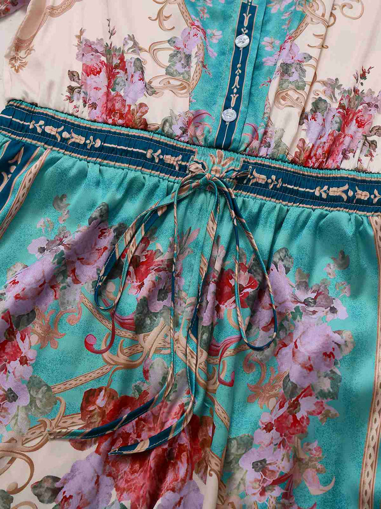 Grün 1930er Symmetrisch Blumen Hemdkragen Jumpsuit