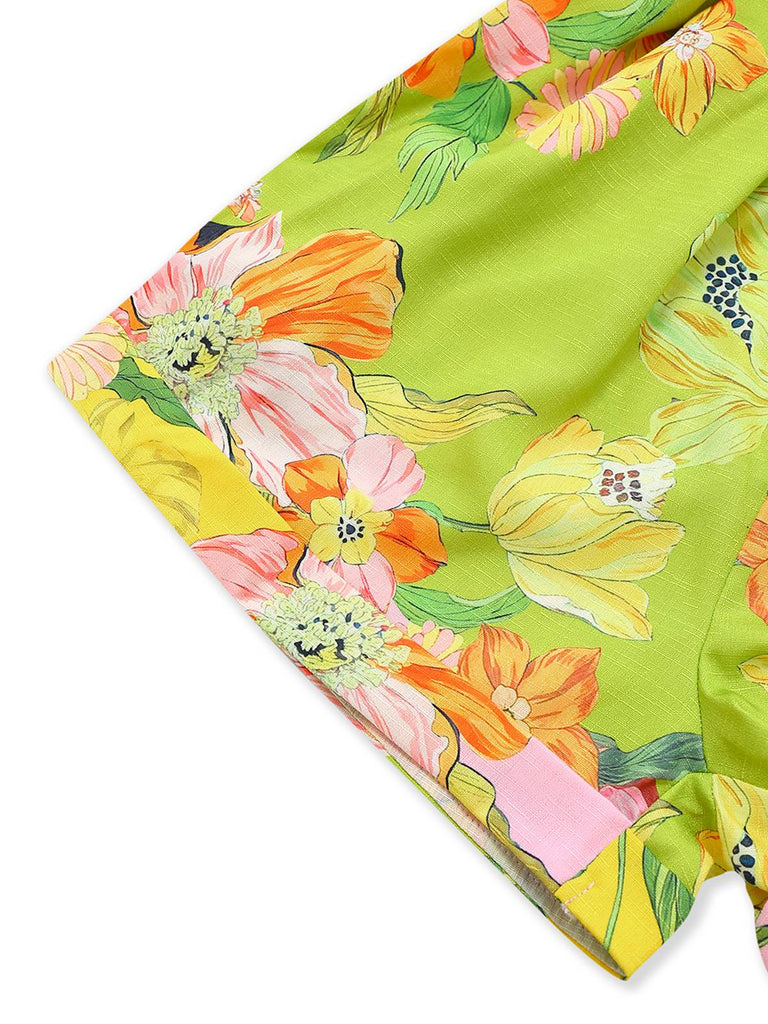 Gelb 1960er Blumen Tief V-Ausschnitt Lange Ärmel Romper