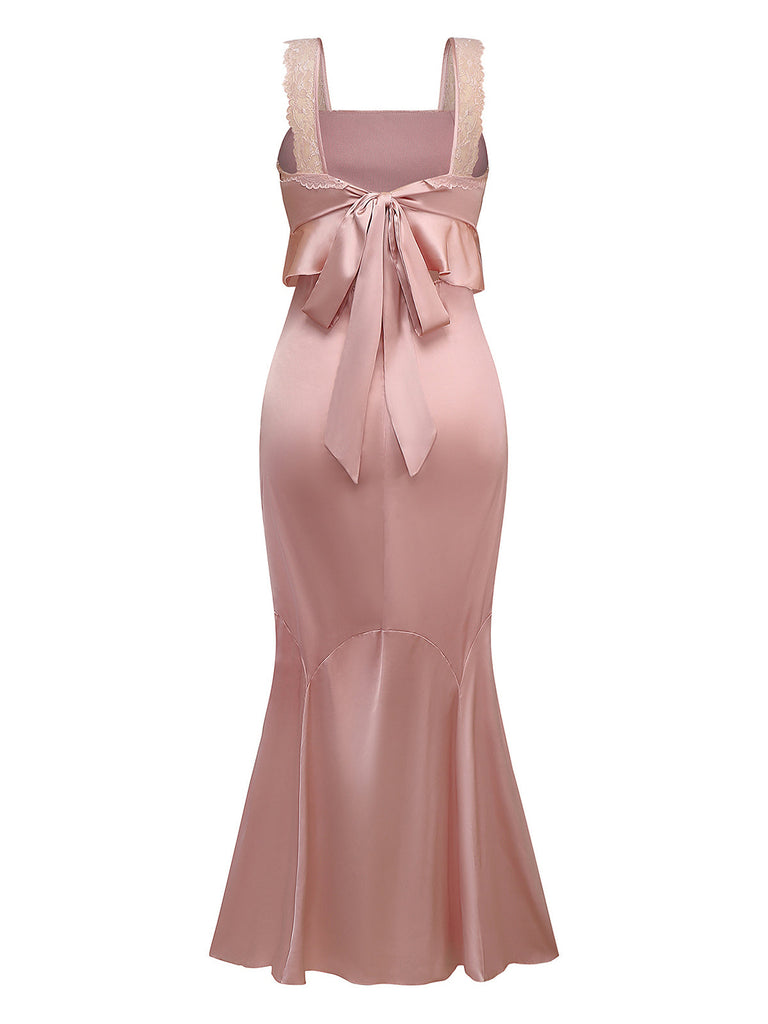 Rosa 1930er Träger Spitze Rüschen Satin Meerjungfrauen Kleid