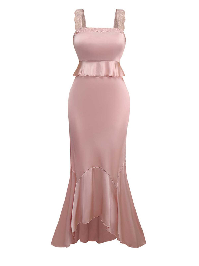 Rosa 1930er Träger Spitze Rüschen Satin Meerjungfrauen Kleid
