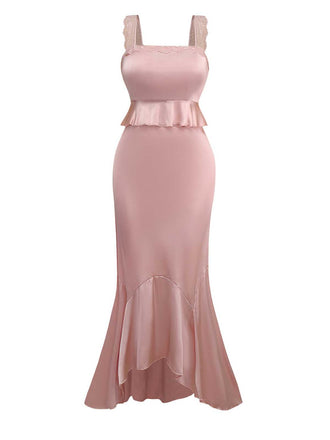 Rosa 1930er Träger Spitze Rüschen Satin Meerjungfrauen Kleid