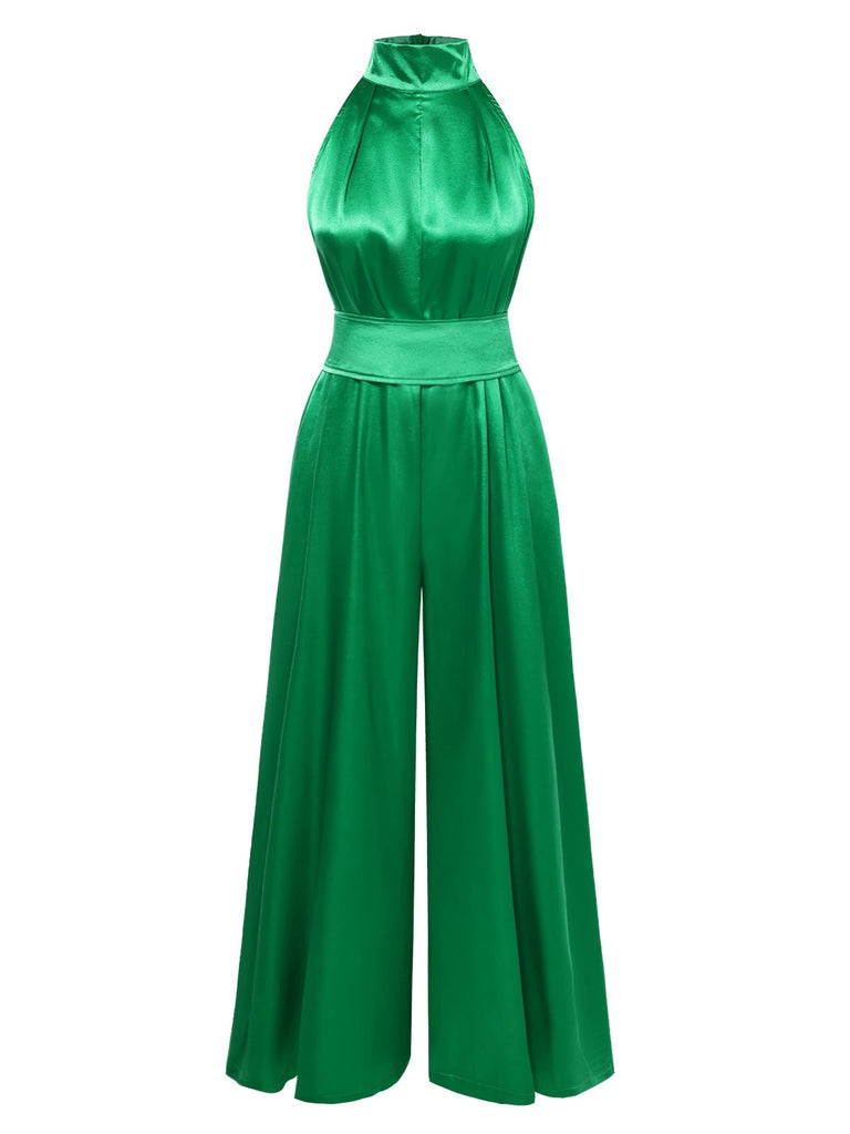 Grün 1930er Satin Stehkragen Weites Bein Jumpsuit