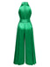 Grün 1930er Satin Stehkragen Weites Bein Jumpsuit