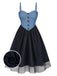 Blau 1950er Denim Polka Dots Netz Patchwork Kleid