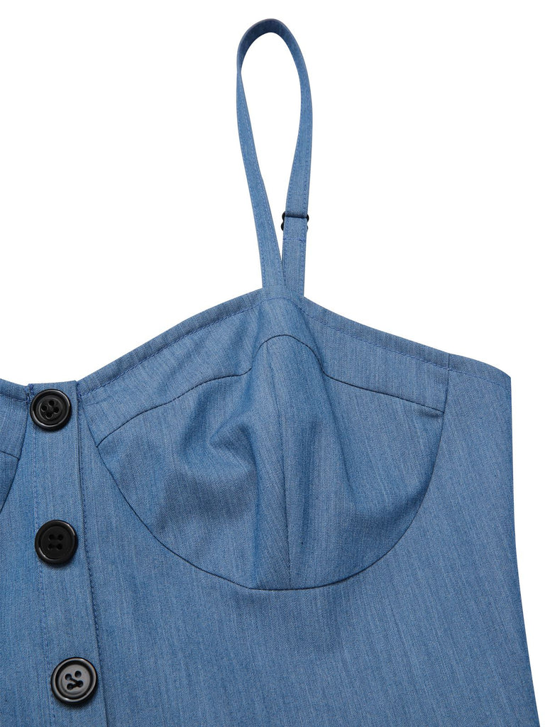 Blau 1950er Denim Polka Dots Netz Patchwork Kleid