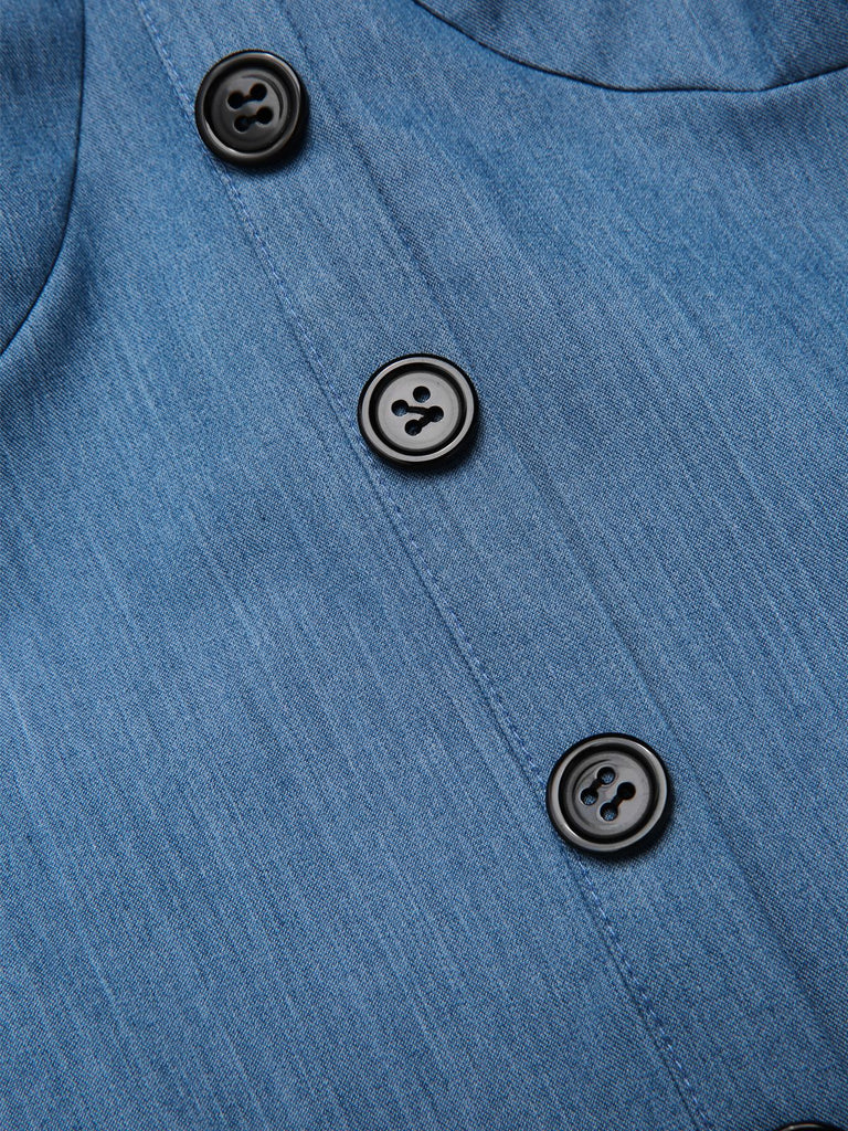 Blau 1950er Denim Polka Dots Netz Patchwork Kleid