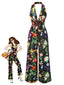 Schwarz 1930er Blumen V-Ausschnitt Halter Jumpsuit