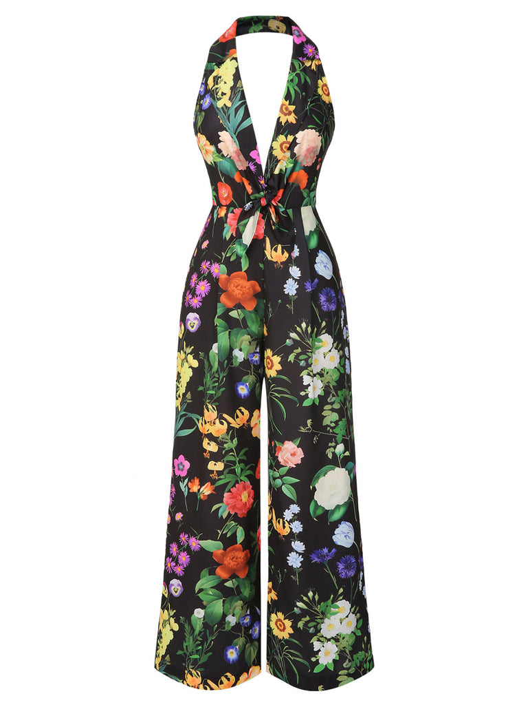 Schwarz 1930er Blumen V-Ausschnitt Halter Jumpsuit