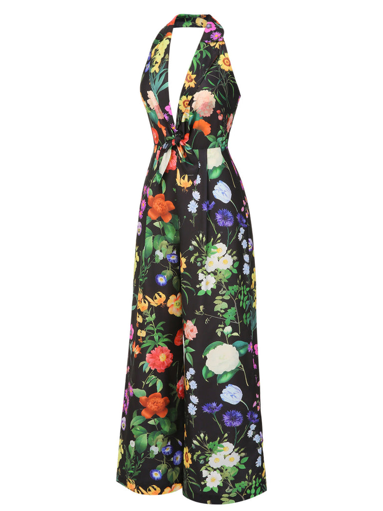 Schwarz 1930er Blumen V-Ausschnitt Halter Jumpsuit