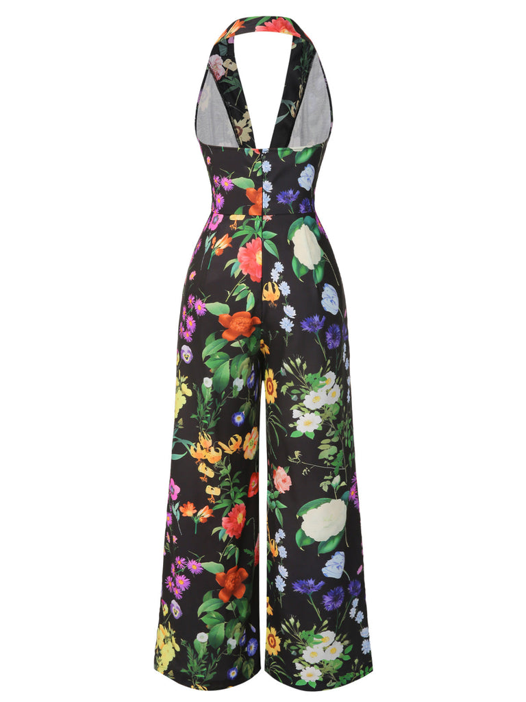 Schwarz 1930er Blumen V-Ausschnitt Halter Jumpsuit